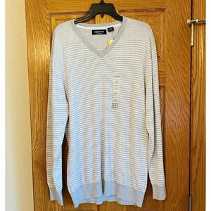 Men's Claiborne Thermolite V-Neck Sweater - Men's XL - Gray White Stripe NWT